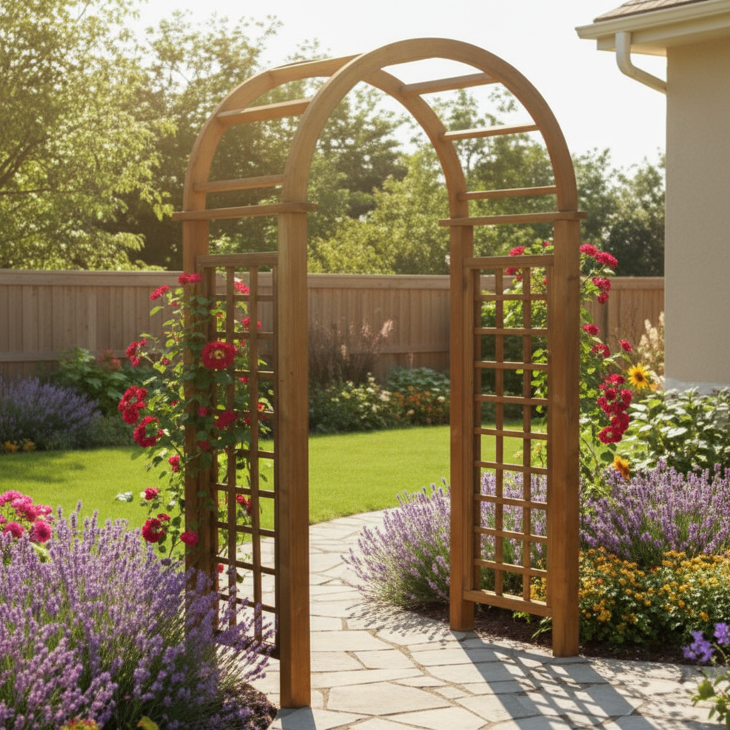 Wooden garden arch with rounded top, lattice panels and climbing roses