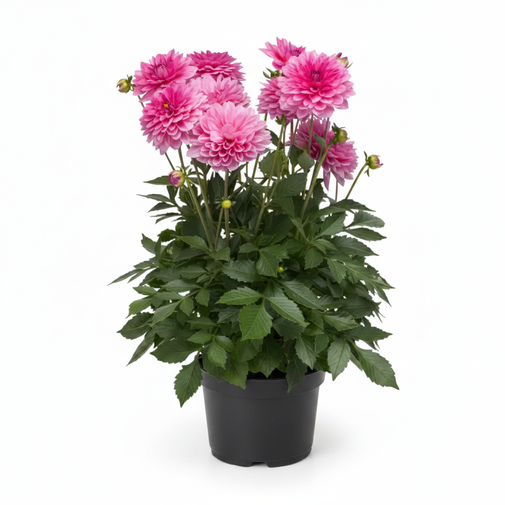 Dahlia Maxi Series in vibrant pink with large double blooms on white background
