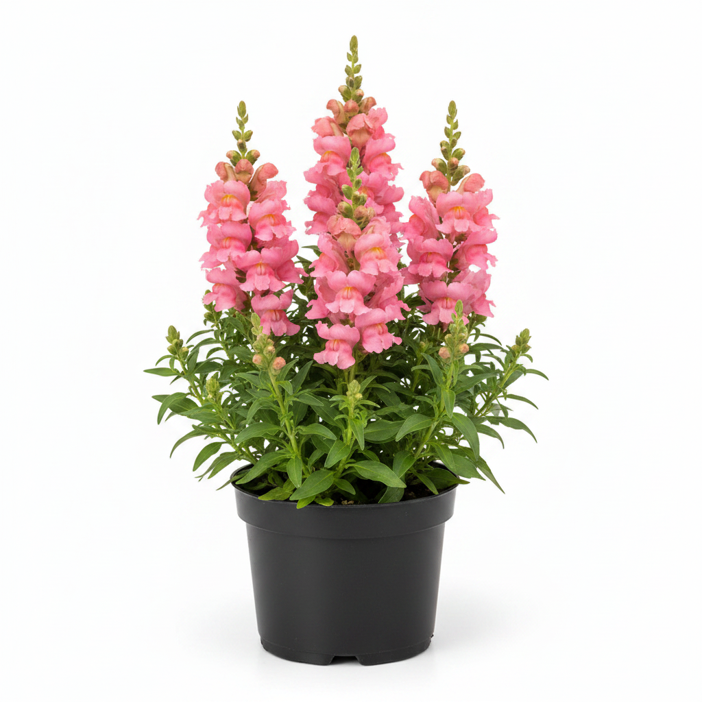 Antirrhinum Sonnet Pink snapdragon in a 13cm black nursery pot on white background