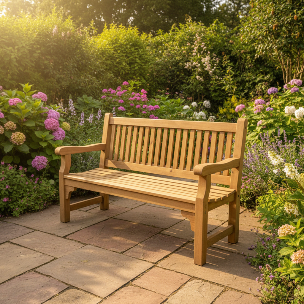 Classic wooden garden bench with slatted back and curved armrests in a British cottage garden setting
