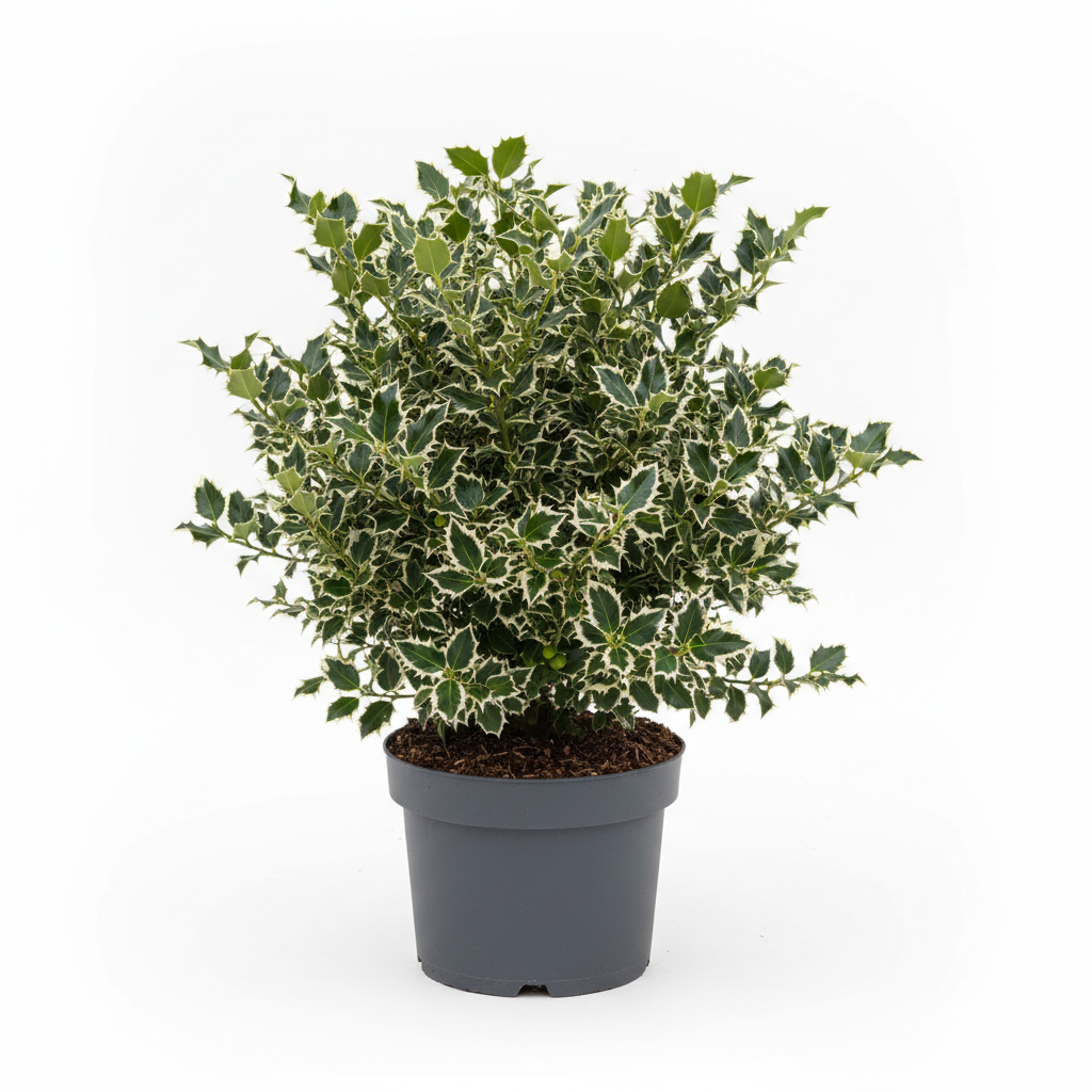 Silver-Variegated Holly (Ilex Argentea Marginata) hedging plant — deep green leaves with silver margins — Naggy Burn Garden Centre