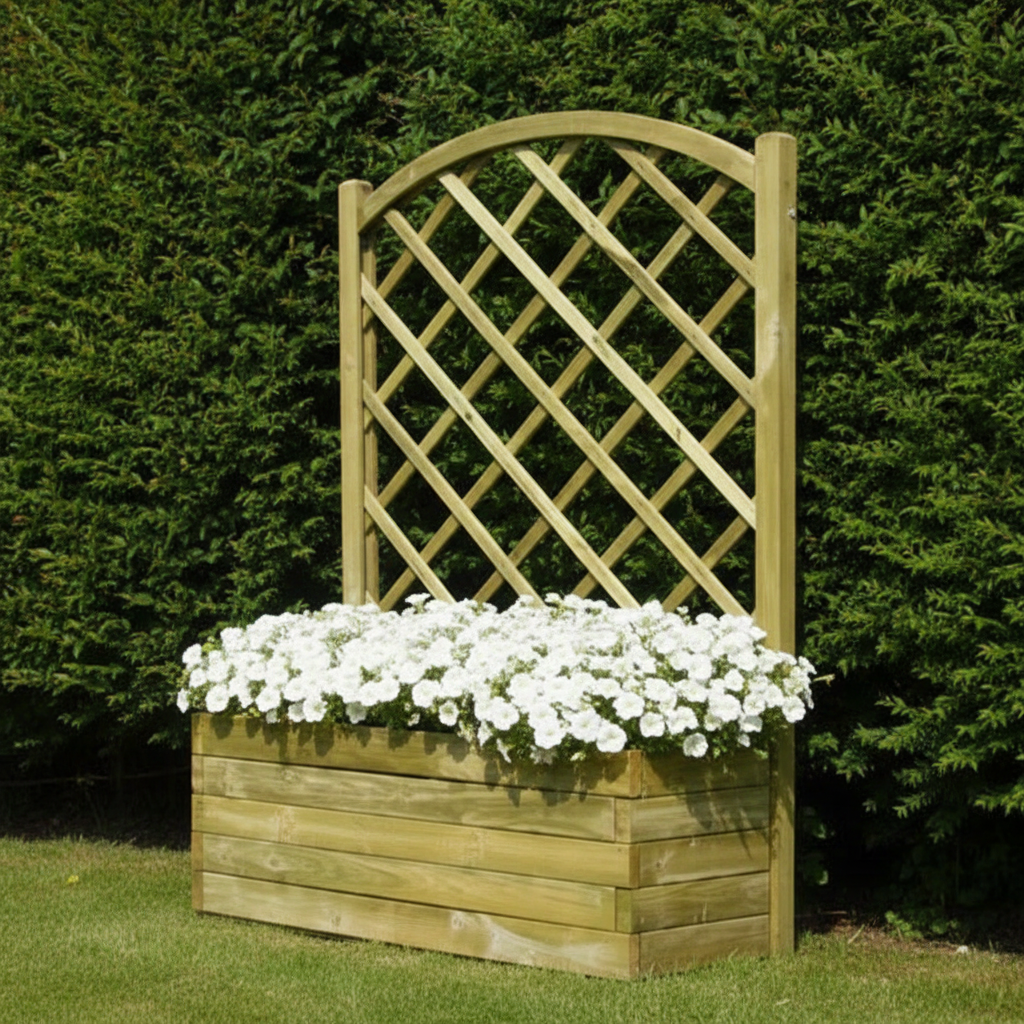 Wooden planter box with arched diamond lattice trellis panel and white flowers, clean background