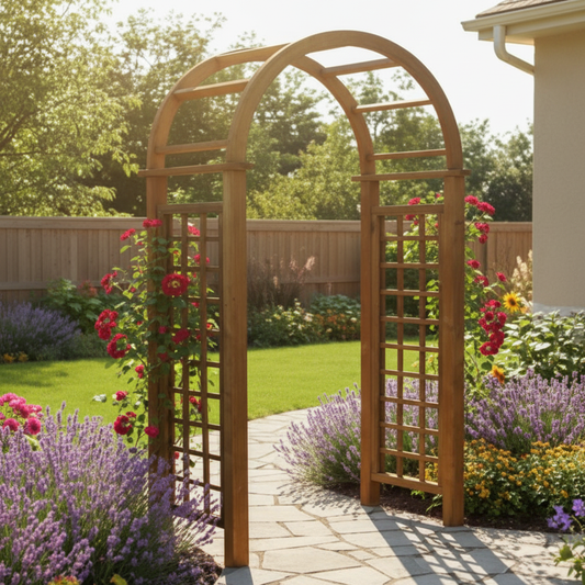 Wooden garden arch with rounded top, lattice panels and climbing roses