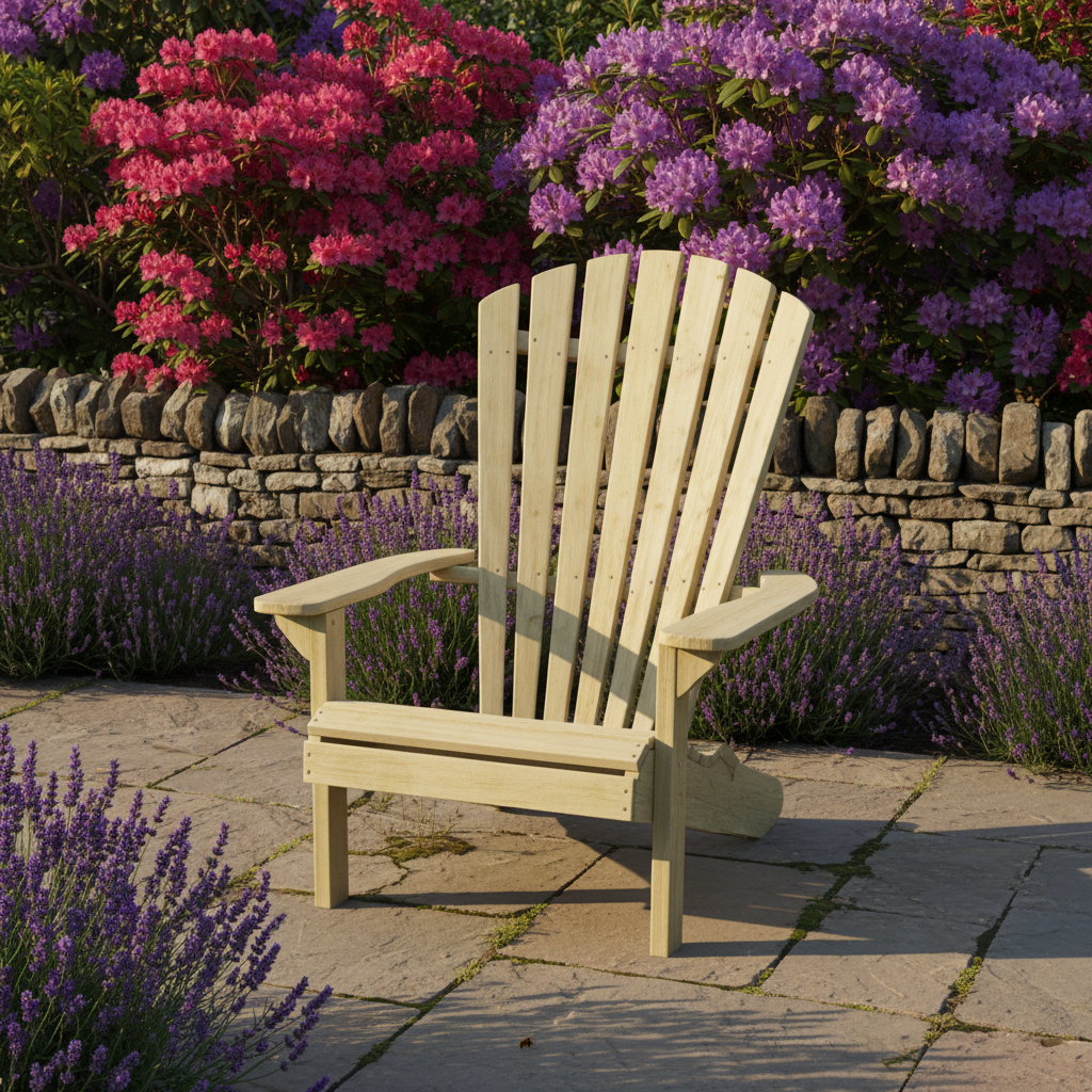 Adirondack style wooden garden chair in a realistic British cottage garden setting with stone patio and colourful shrubs