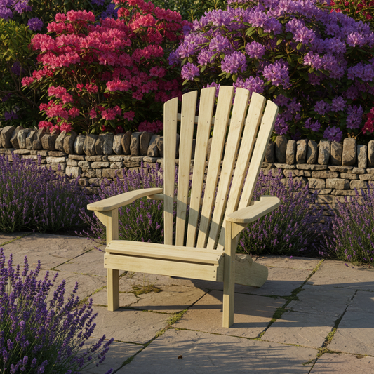Adirondack style wooden garden chair in a realistic British cottage garden setting with stone patio and colourful shrubs