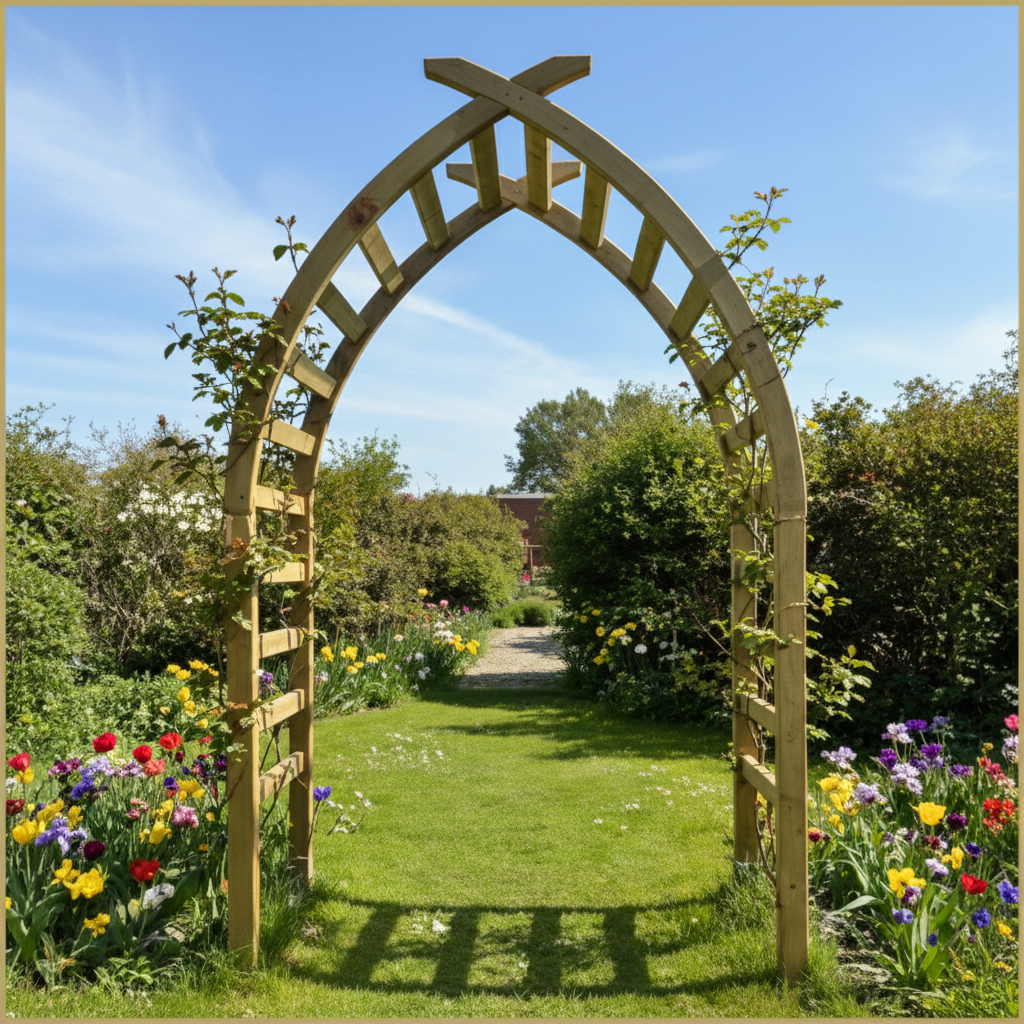 Wooden Gothic garden arch with lattice panels in a lush garden